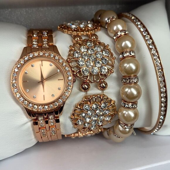 Rose Gold Tone Crystal Watch & Bracelet Gift Set New In Gift Box NWT - Picture 2 of 8